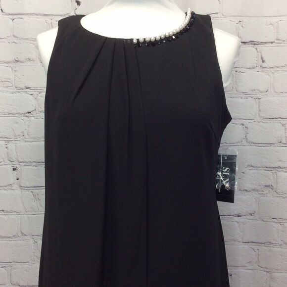 SLNY Women's Dress Sz 14 Black Sheath Embellished Neckline One Side Overlay NWT - Picture 3 of 12